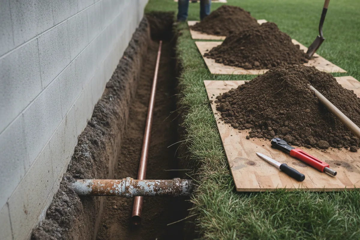 Excavated water line trench during Water Heater Repair in Saint Marie